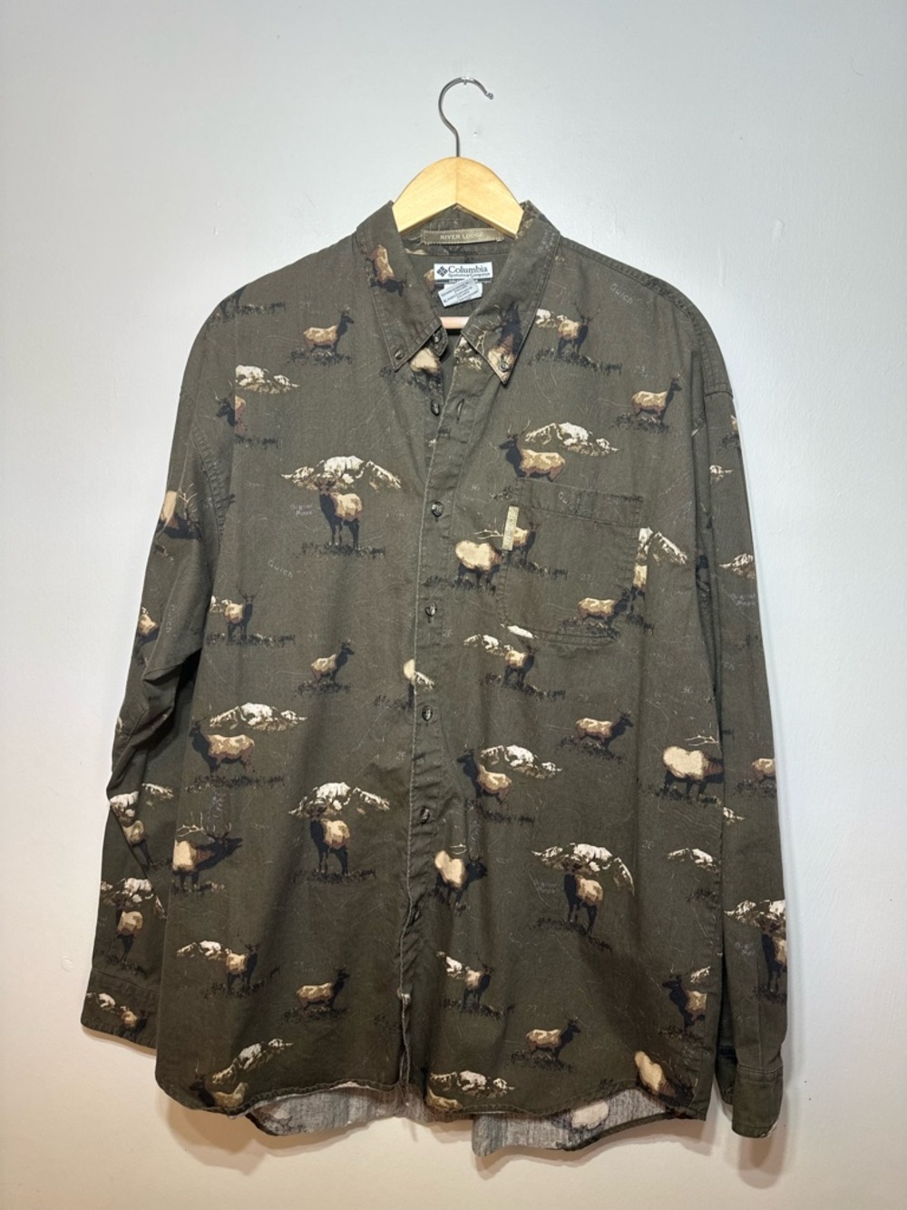Columbia River Lodge Olive Green Corduroy Elk  Button Shirt Mens XL #outdoors